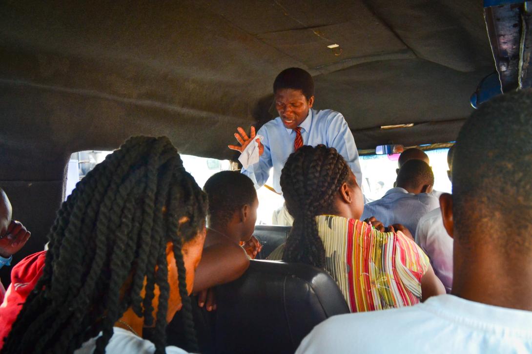 Religious preacher on a bus in Ghana