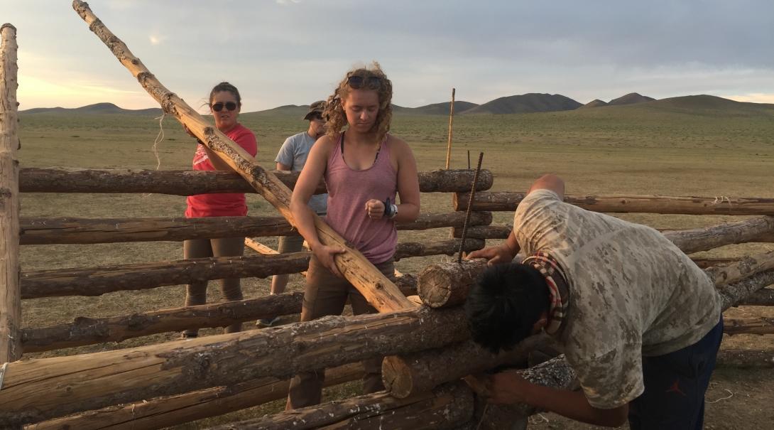 Culture and Community Volunteers are building a fence out of wood on a Nomad Project in Mongolia. 