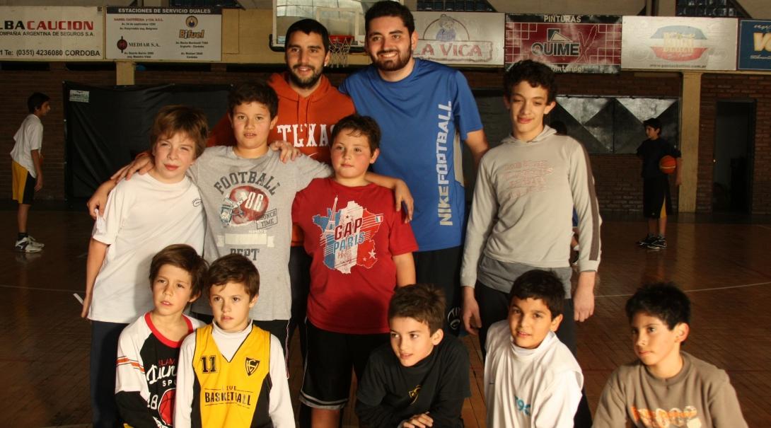 Sports instructors pose with their team as part of their volunteer sports coaching in Argentina