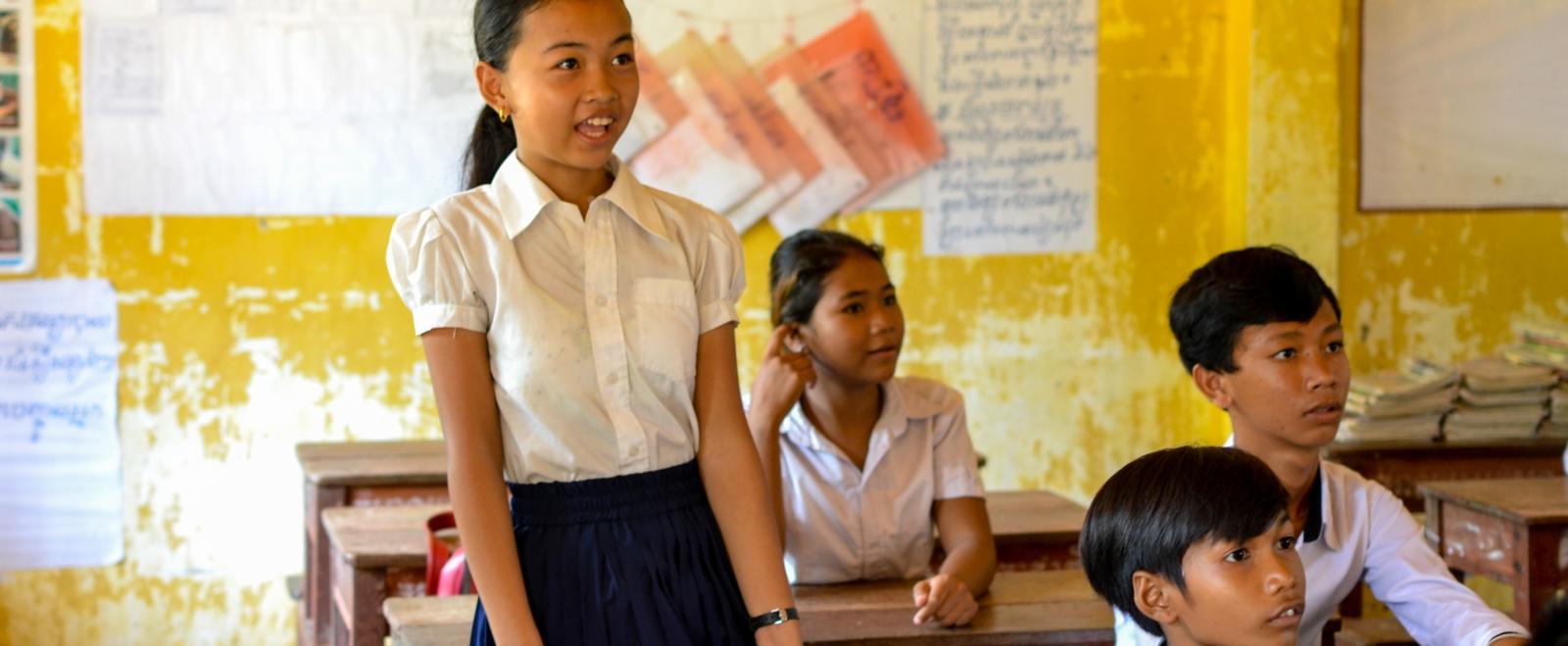 A student participates in class at one of our volunteer teaching placements in Cambodia