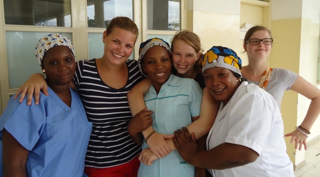 Students doing Midwifery internships abroad enjoy spending time with local colleagues at a Tanzanian hospital.
