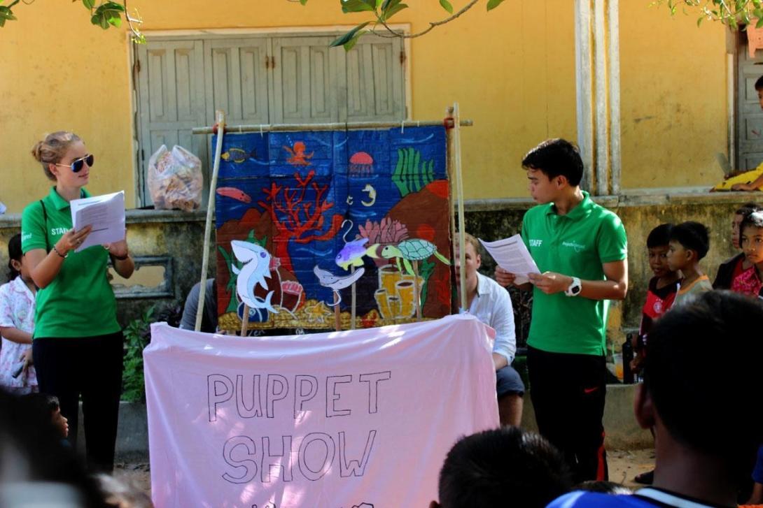 Projects Abroad Conservation volunteers do a puppet show for a Koh Sdach primary school on the importance of Shark conservation