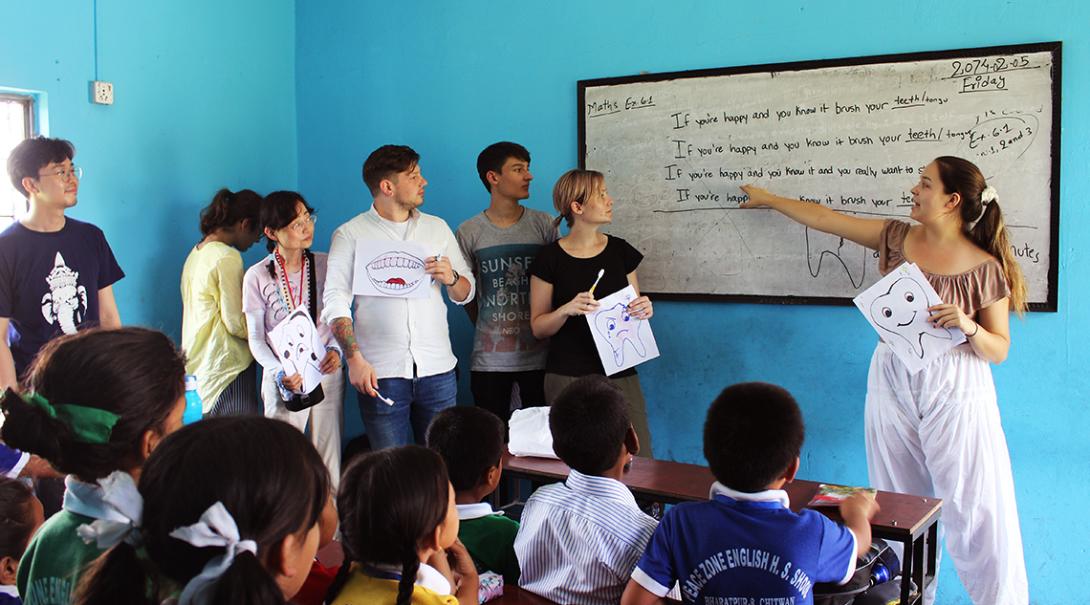 Volunteers at Projects Abroad medical internships in Nepal, present hygiene workshops in schools.