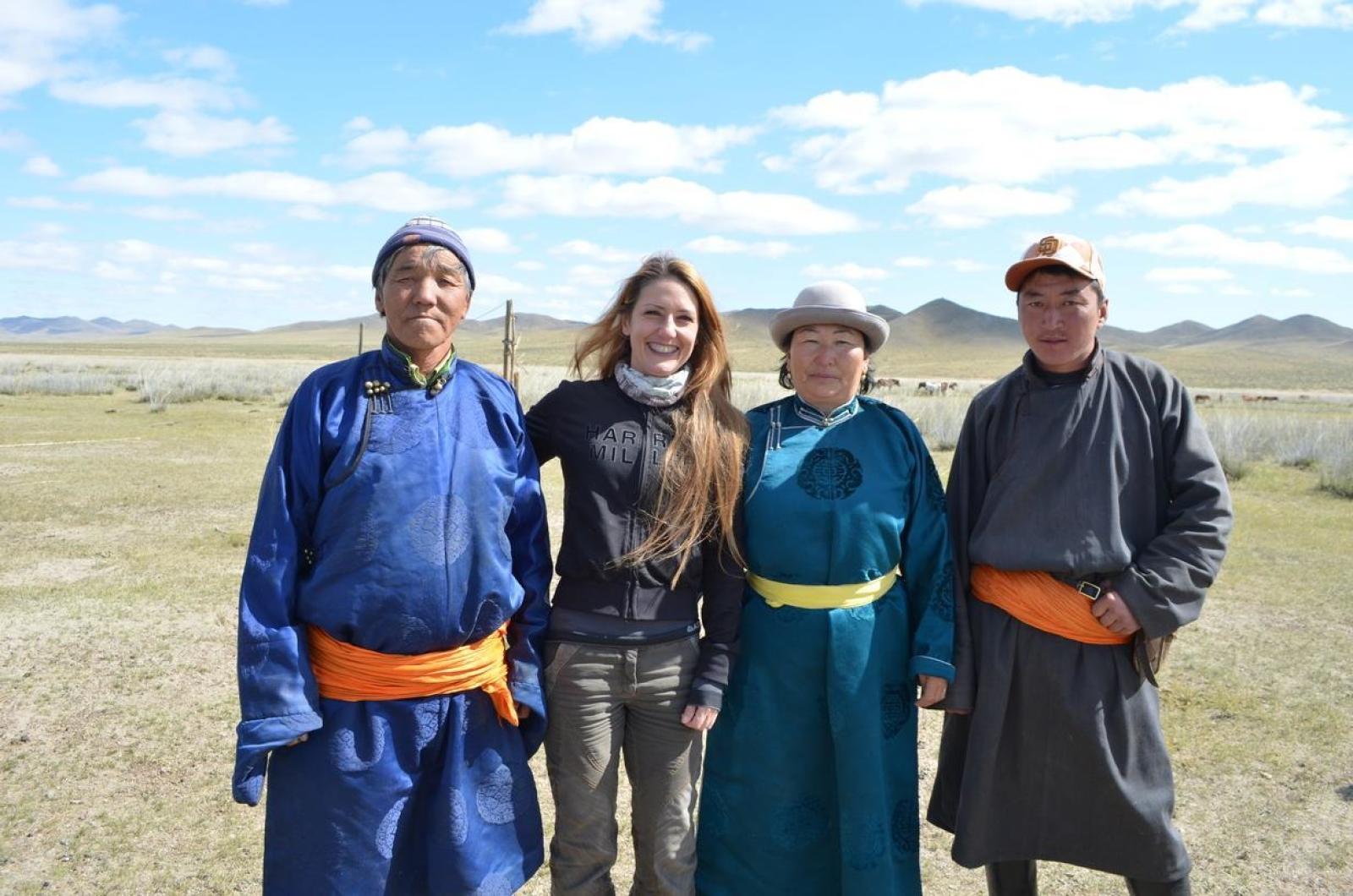 A Projects Abroad volunteer with her host family during her Nomad Project in Mongolia.