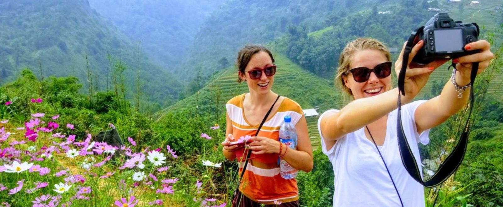 Gap year volunteers take a selfie in the mountains of Vietnam.