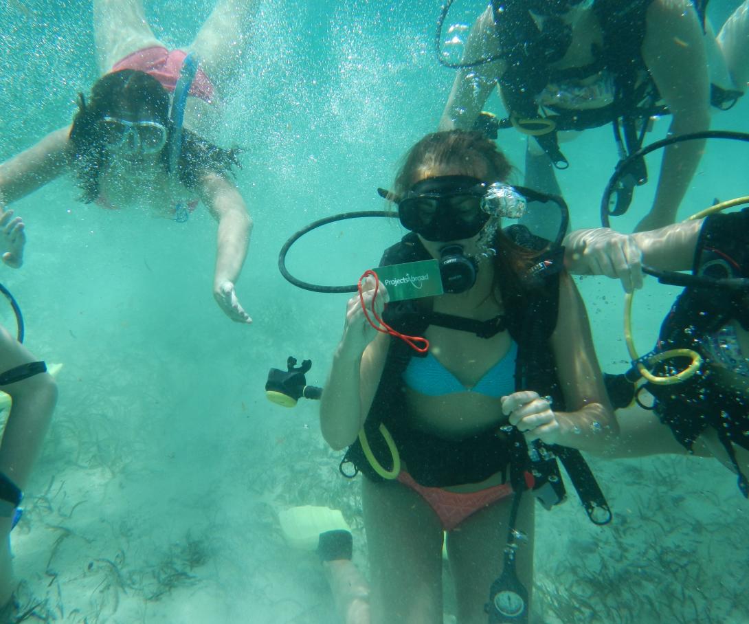Projects Abroad volunteers learn how to dive during a Conservation Project in Belize.